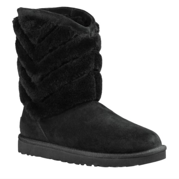 UGG WOMEN'S TANIA CLASSIC SHORT SHEARLING SUEDE WINTER BOOTS BLACK SZ‎ 6 - Picture 1 of 6